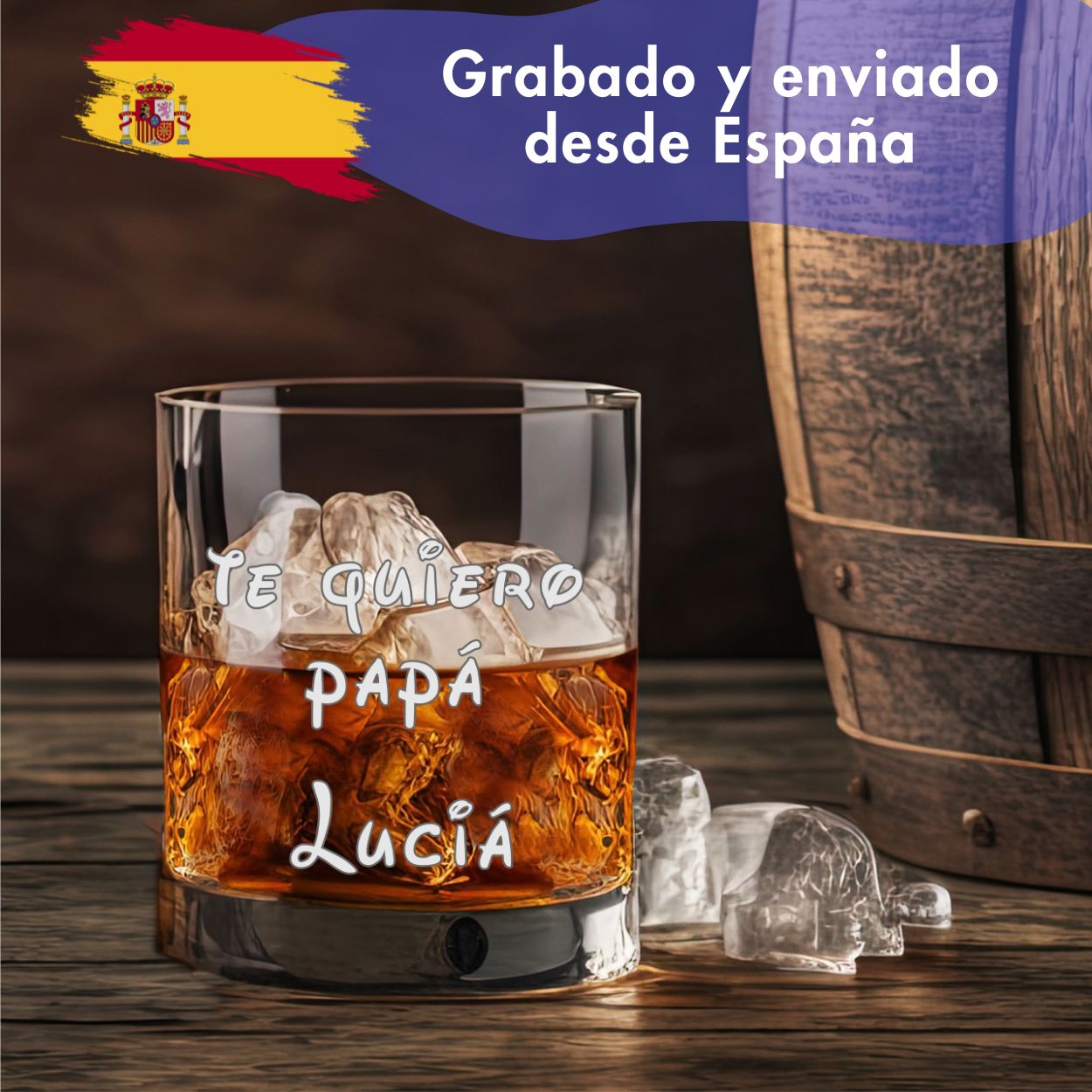 vaso de whisky con tu texto